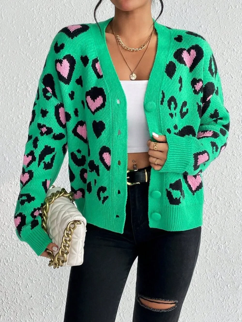 Multicolor Casual Women's V Neck Drop Shoulder Button Front Cardigan